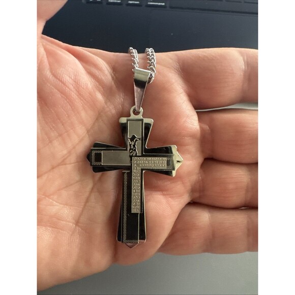 Double Silver Cross Pendant 24 Inch Chain Stainless Steel Religious Gift Faith - Picture 5 of 6